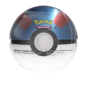Red, Blue and White sealed Pokémon Tin ball with trading cards and 1 card